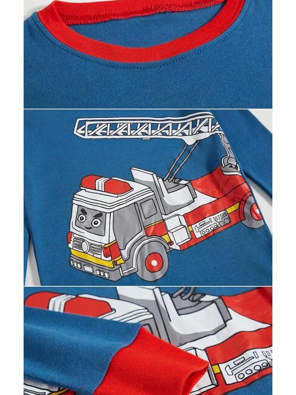 Blue Fire Truck Print Kids Pajama Set with Red Trim - 6